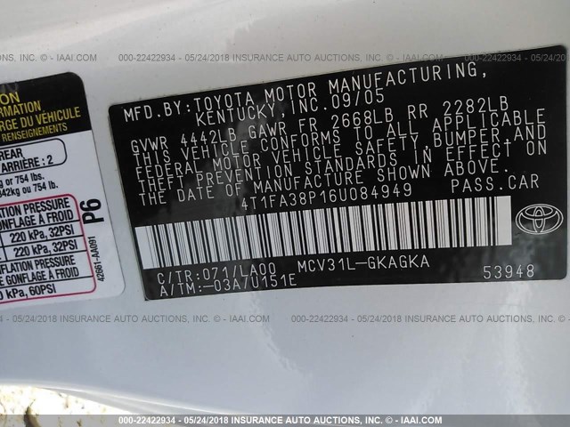 4T1FA38P16U084949 - 2006 TOYOTA CAMRY SOLARA SE/SLE თეთრი ფოტო 9