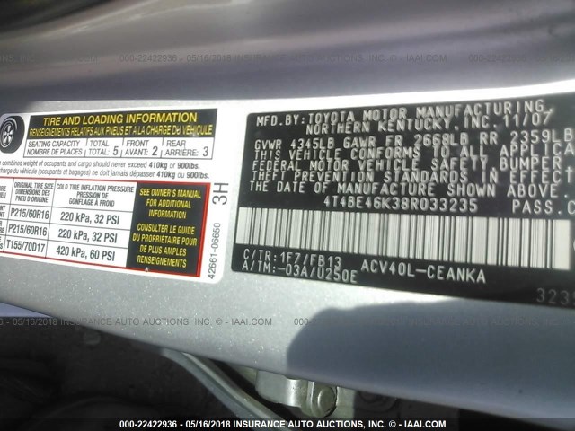 4T4BE46K38R033235 - 2008 TOYOTA CAMRY CE/LE/XLE/SE SILVER photo 9