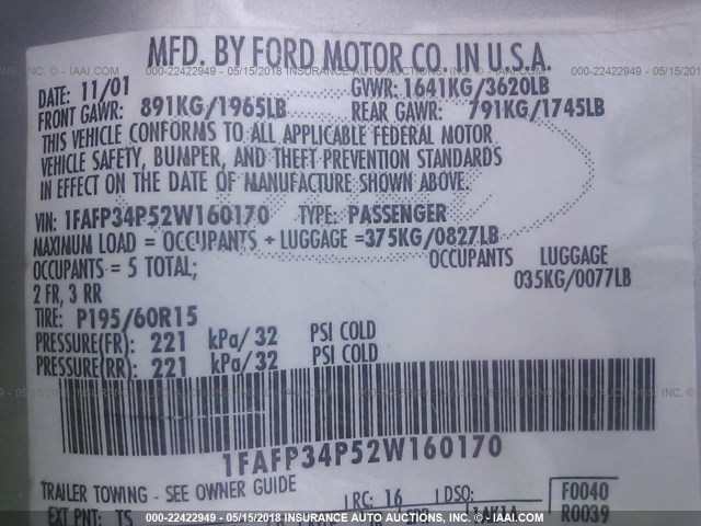 1FAFP34P52W160170 - 2002 FORD FOCUS SE/SE COMFORT SILVER photo 9