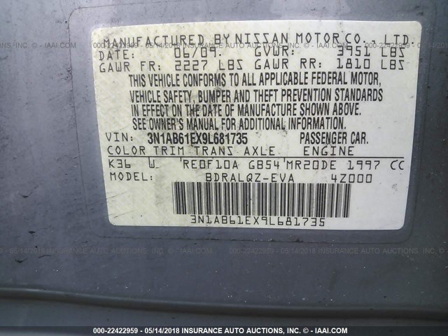 3N1AB61EX9L681735 - 2009 NISSAN SENTRA 2.0/2.0S/2.0SL GRAY photo 9