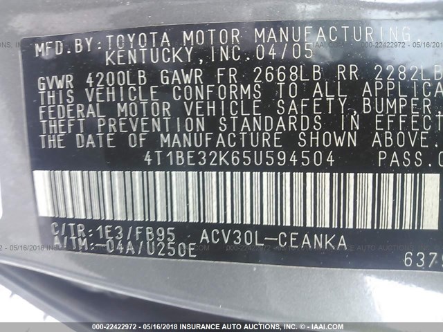 4T1BE32K65U594504 - 2005 TOYOTA CAMRY LE/XLE/SE ნაცრისფერი ფოტო 9