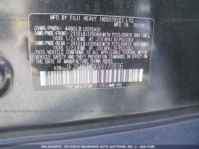 JF2SH6BCXAH770836 - 2010 SUBARU FORESTER XS Boz foto 9