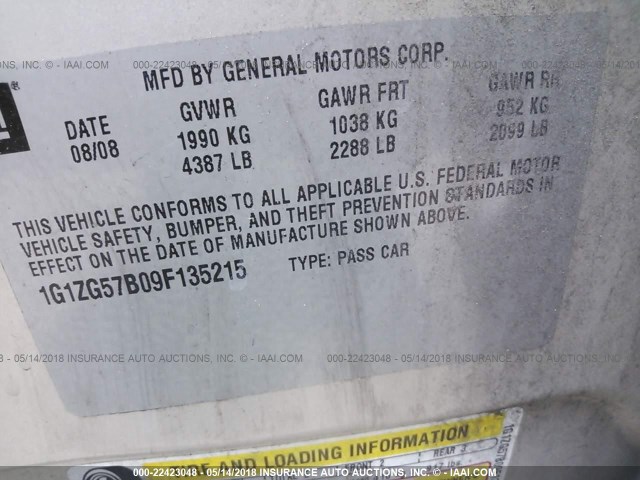 1G1ZG57B09F135215 - 2009 CHEVROLET MALIBU LS 金色 照片 9