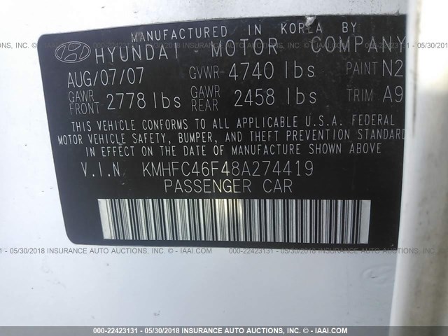 KMHFC46F48A274419 - 2008 HYUNDAI AZERA SE/LIMITED WHITE photo 9