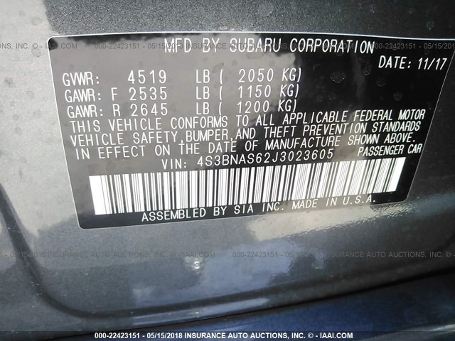 4S3BNAS62J3023605 - 2018 SUBARU LEGACY SPORT GRAY photo 9