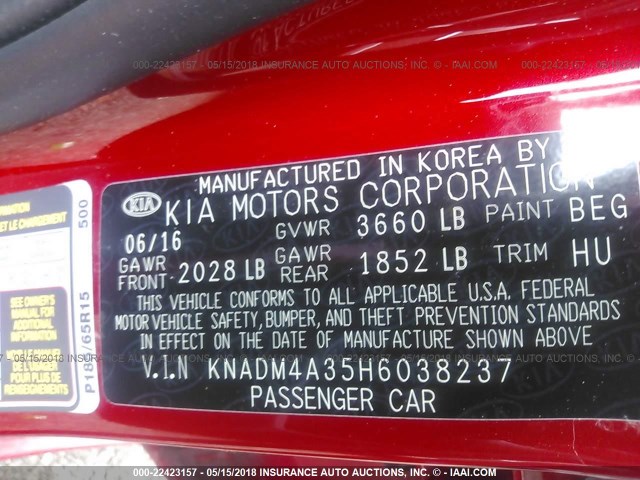 KNADM4A35H6038237 - 2017 KIA RIO LX RED photo 9