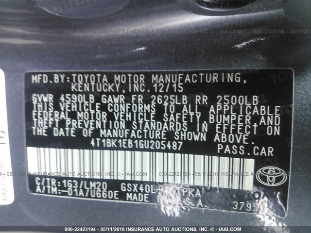 4T1BK1EB1GU205487 - 2016 TOYOTA AVALON XLE PLUS/PREMIUM/TOUR/LTD GRAY photo 9