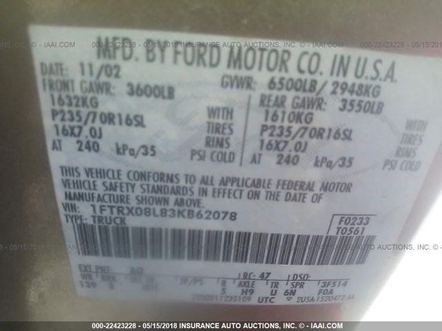 1FTRX08L83KB62078 - 2003 FORD F150 棕色 照片 9