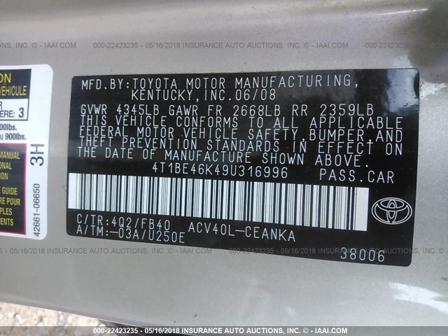 4T1BE46K49U316996 - 2009 TOYOTA CAMRY SE/LE/XLE BEIGE photo 9