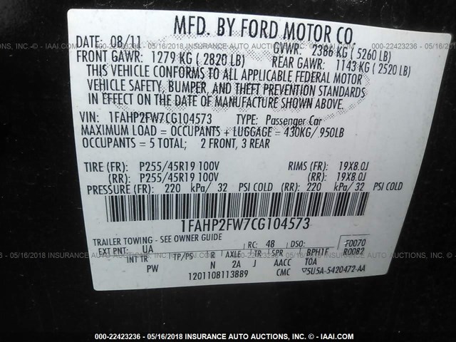 1FAHP2FW7CG104573 - 2012 FORD TAURUS LIMITED BLACK photo 9