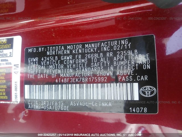 4T4BF3EK7BR175992 - 2011 TOYOTA CAMRY SE/LE/XLE 红色 照片 9