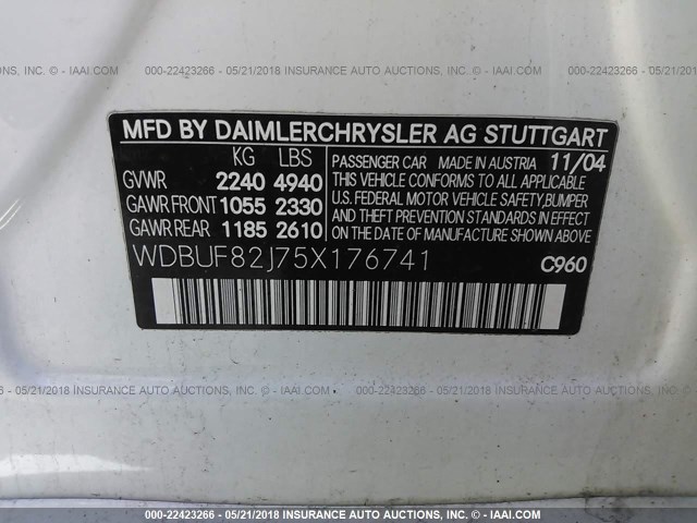 WDBUF82J75X176741 - 2005 MERCEDES-BENZ E 320 4MATIC WHITE photo 9