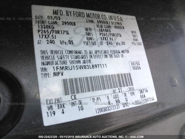 1FMRU15W83LB97111 - 2003 FORD EXPEDITION XLT ნაცრისფერი ფოტო 9