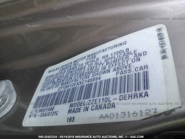 2T1BR12EXXC148864 - 1999 TOYOTA COROLLA VE/CE/LE 金色 照片 9