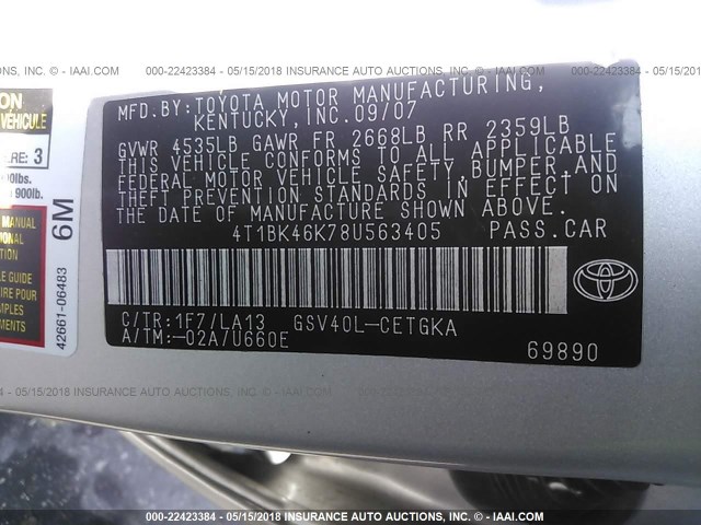 4T1BK46K78U563405 - 2008 TOYOTA CAMRY LE/XLE/SE ნაცრისფერი ფოტო 9