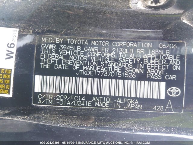 JTKDE177370151526 - 2007 TOYOTA SCION TC 黑色 照片 9