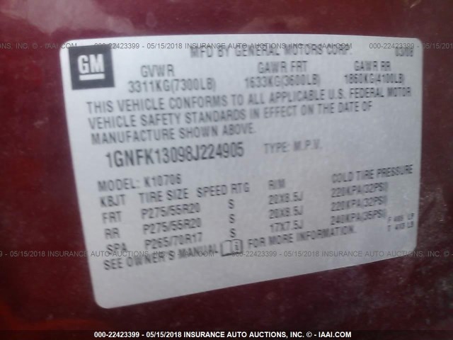 1GNFK13098J224905 - 2008 CHEVROLET TAHOE K1500 MAROON photo 9