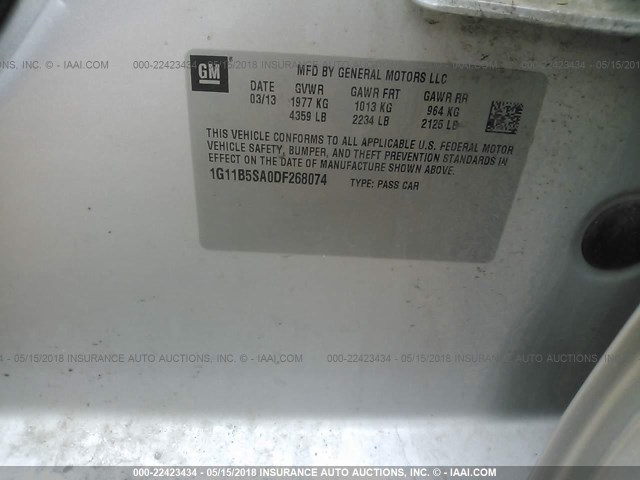 1G11B5SA0DF268074 - 2013 CHEVROLET MALIBU LS SILVER photo 9