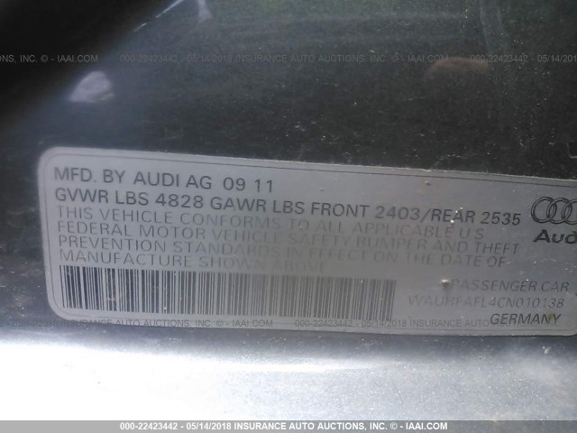 WAUHFAFL4CN010138 - 2012 AUDI A4 PREMIUM PLUS GRAY photo 9