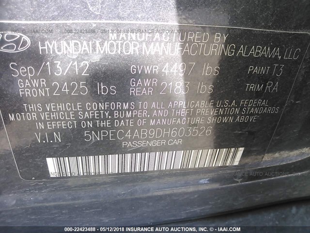 5NPEC4AB9DH603526 - 2013 HYUNDAI SONATA SE/LIMITED BLACK photo 9