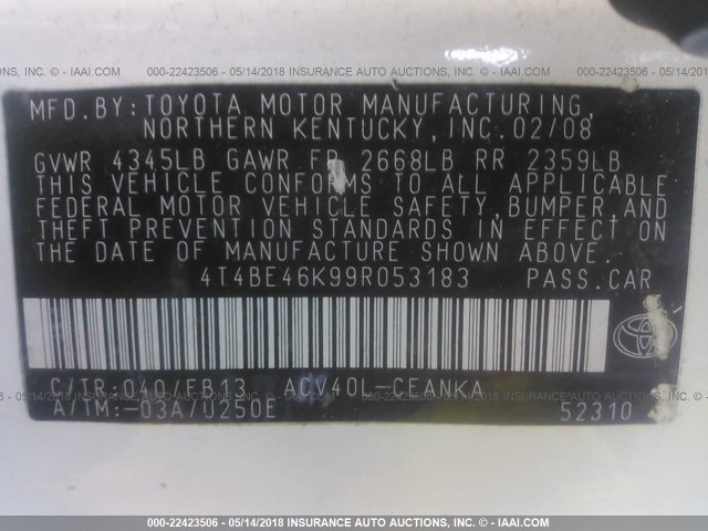 4T4BE46K99R053183 - 2009 TOYOTA CAMRY SE/LE/XLE WHITE photo 9