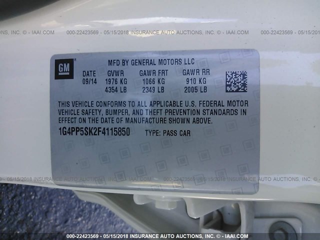 1G4PP5SK2F4115850 - 2015 BUICK VERANO WHITE photo 9