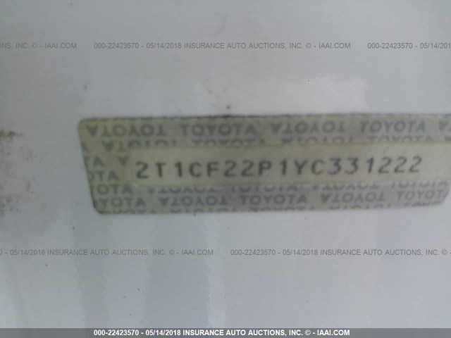 2T1CF22P1YC331222 - 2000 TOYOTA CAMRY SOLARA SE/SLE WHITE photo 9