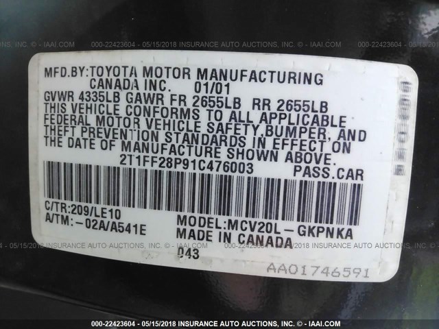 2T1FF28P91C476003 - 2001 TOYOTA CAMRY SOLARA SE/SLE შავი ფოტო 9