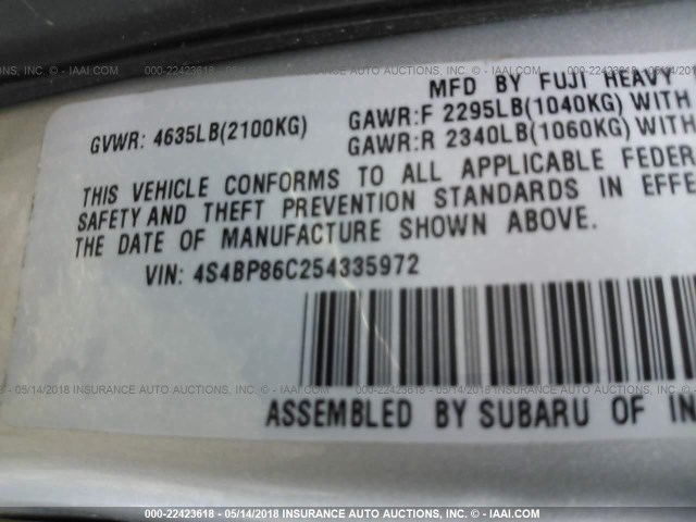 4S4BP86C254335972 - 2005 SUBARU LEGACY OUTBACK H6 R LL BEAN SILVER photo 9