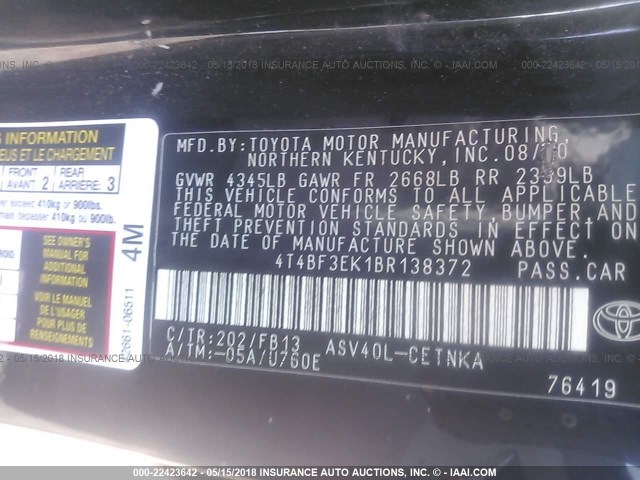 4T4BF3EK1BR138372 - 2011 TOYOTA CAMRY SE/LE/XLE BLACK photo 9