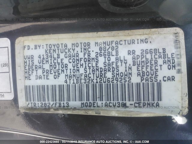 4T1BE32K12U629252 - 2002 TOYOTA CAMRY LE/XLE/SE შავი ფოტო 9