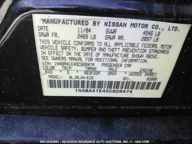 1N4BA41E45C828474 - 2005 NISSAN MAXIMA SE/SL BLACK photo 9