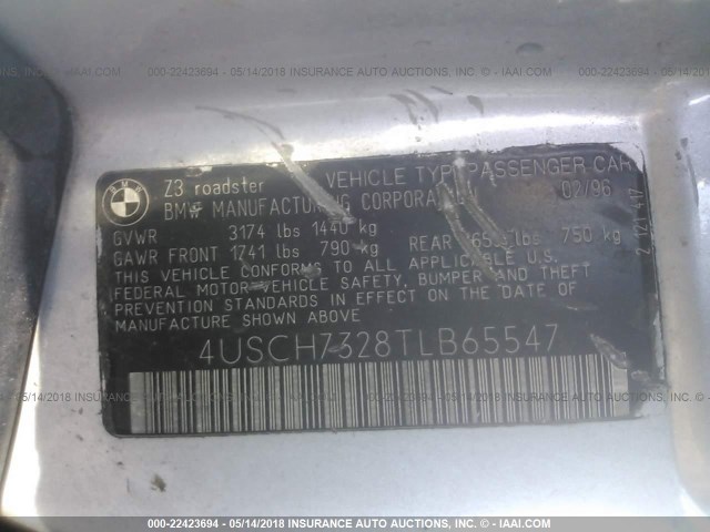 4USCH7328TLB65547 - 1996 BMW Z3 1.9 SILVER photo 9