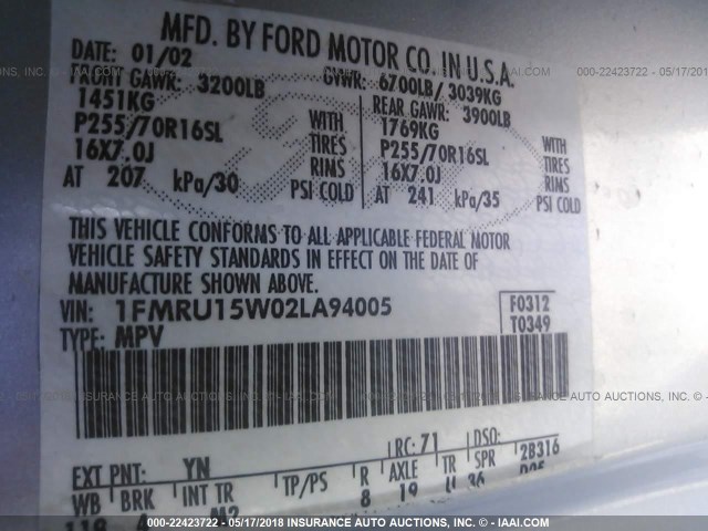 1FMRU15W02LA94005 - 2002 FORD EXPEDITION XLT 银色 照片 9