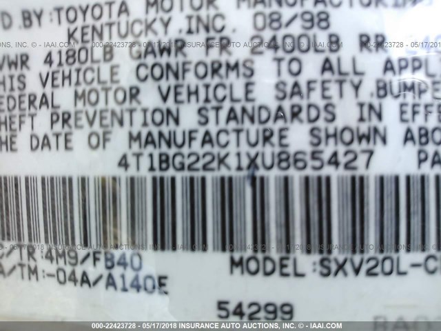 4T1BG22K1XU865427 - 1999 TOYOTA CAMRY CE/LE/XLE BEIGE photo 9