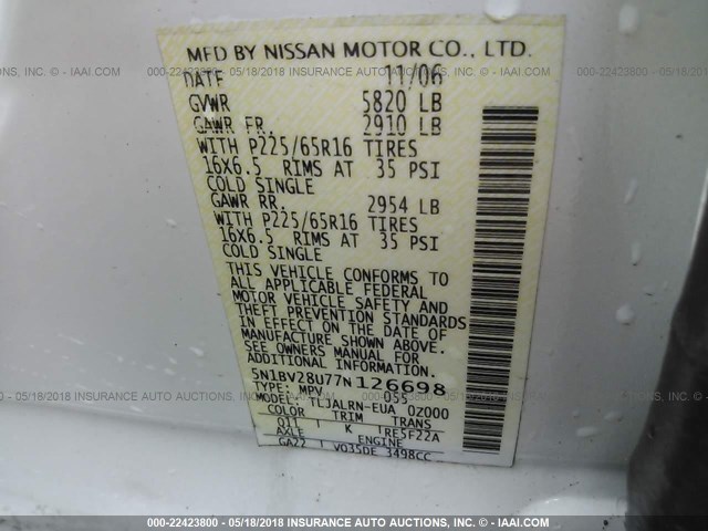 5N1BV28U77N126698 - 2007 NISSAN QUEST S/SE/SL WHITE photo 9