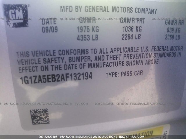 1G1ZA5EB2AF132194 - 2010 CHEVROLET MALIBU LS 银色 照片 9