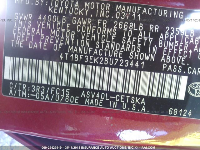 4T1BF3EK2BU723441 - 2011 TOYOTA CAMRY SE/LE/XLE RED photo 9