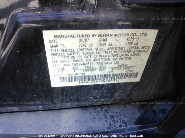 1N4AL21E57N469833 - 2007 NISSAN ALTIMA 2.5/2.5S BLACK photo 9