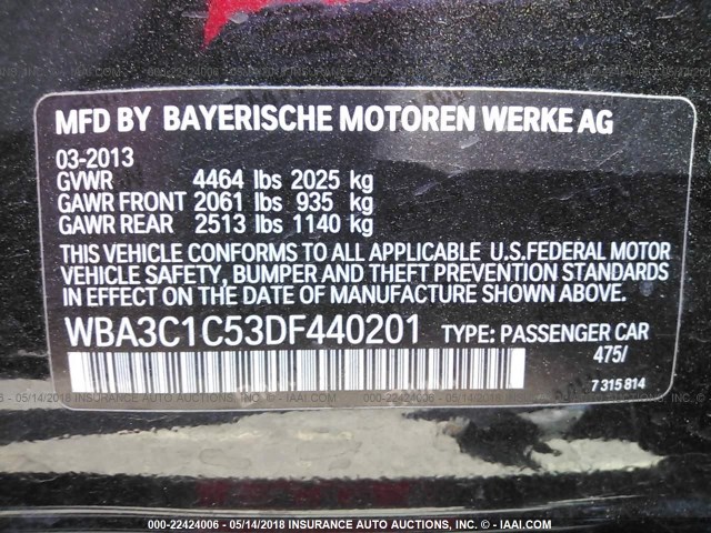 WBA3C1C53DF440201 - 2013 BMW 328 I SULEV BLACK photo 9