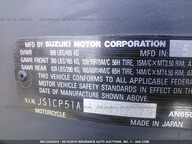 JS1CP51A372102379 - 2007 SUZUKI AN650 GRAY photo 10