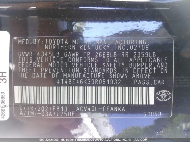 4T4BE46K39R051932 - 2009 TOYOTA CAMRY SE/LE/XLE BLACK photo 9
