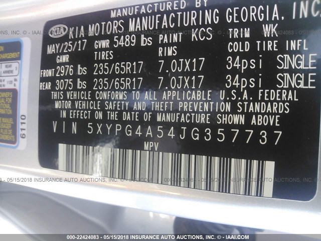 5XYPG4A54JG357737 - 2018 KIA SORENTO LX/L SILVER photo 9