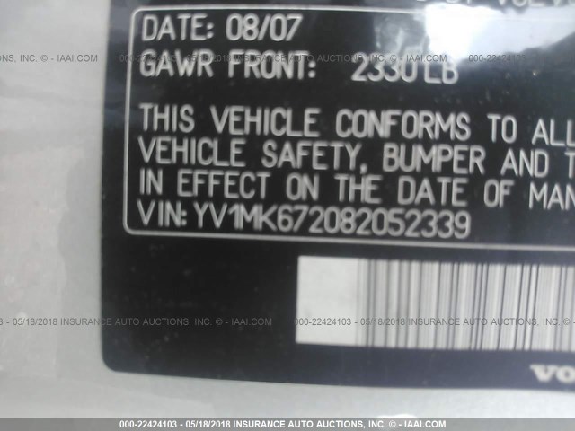 YV1MK672082052339 - 2008 VOLVO C30 T5 SILVER photo 9