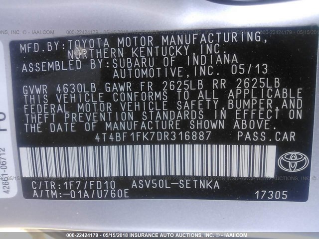 4T4BF1FK7DR316887 - 2013 TOYOTA CAMRY L/SE/LE/XLE 银色 照片 9