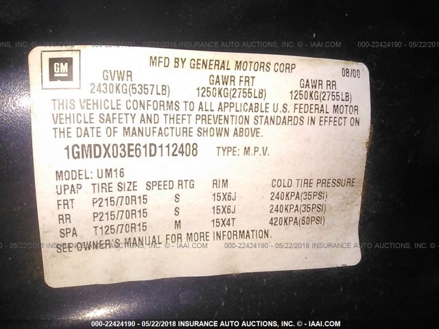 1GMDX03E61D112408 - 2001 PONTIAC MONTANA Dark Blue photo 9