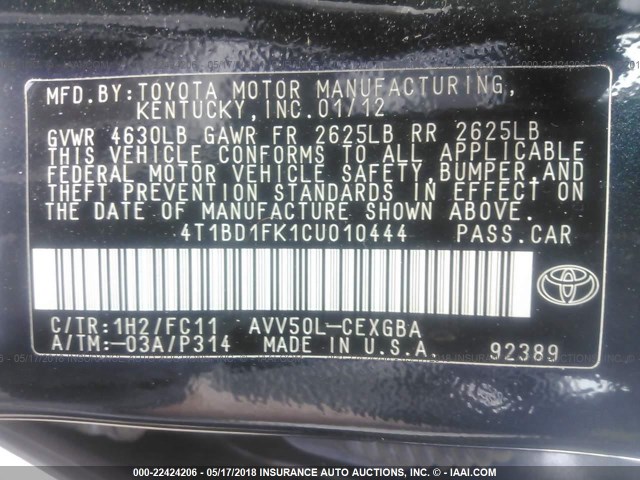 4T1BD1FK1CU010444 - 2012 TOYOTA CAMRY HYBRID/LE/XLE BLACK photo 9