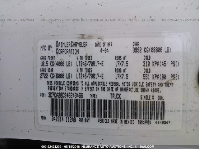 3D7KA28D94G243466 - 2004 DODGE RAM 2500 ST/SLT 白色 照片 9