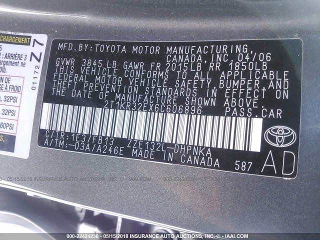 2T1KR32EX6C606896 - 2006 TOYOTA COROLLA MATRIX XR GRAY photo 9