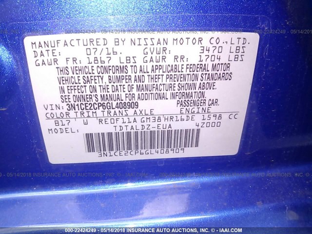 3N1CE2CP6GL408909 - 2016 NISSAN VERSA NOTE S/S PLUS/SV/SL/SR BLUE photo 9